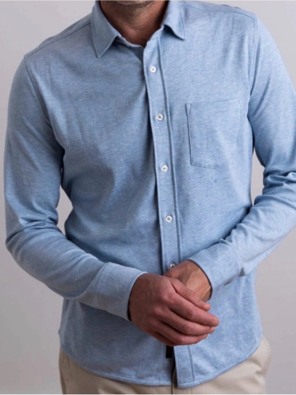 Faherty Brand Heather Blue Jersey Knit Button-Down Shirt — Men's XXL